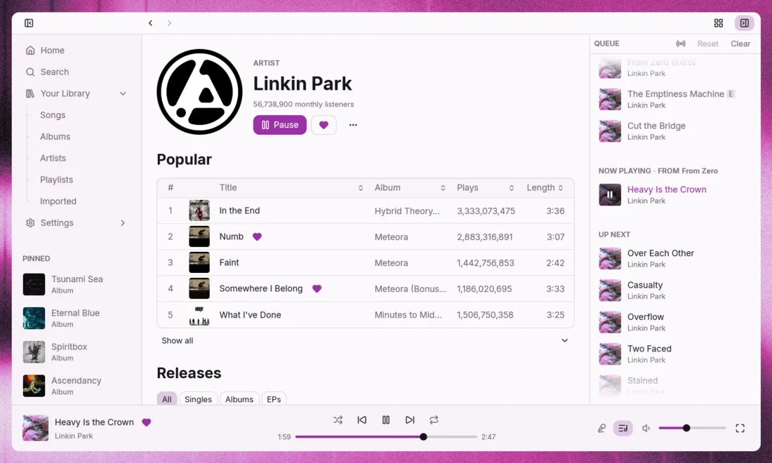 An artist page in Sonora with the play queue open