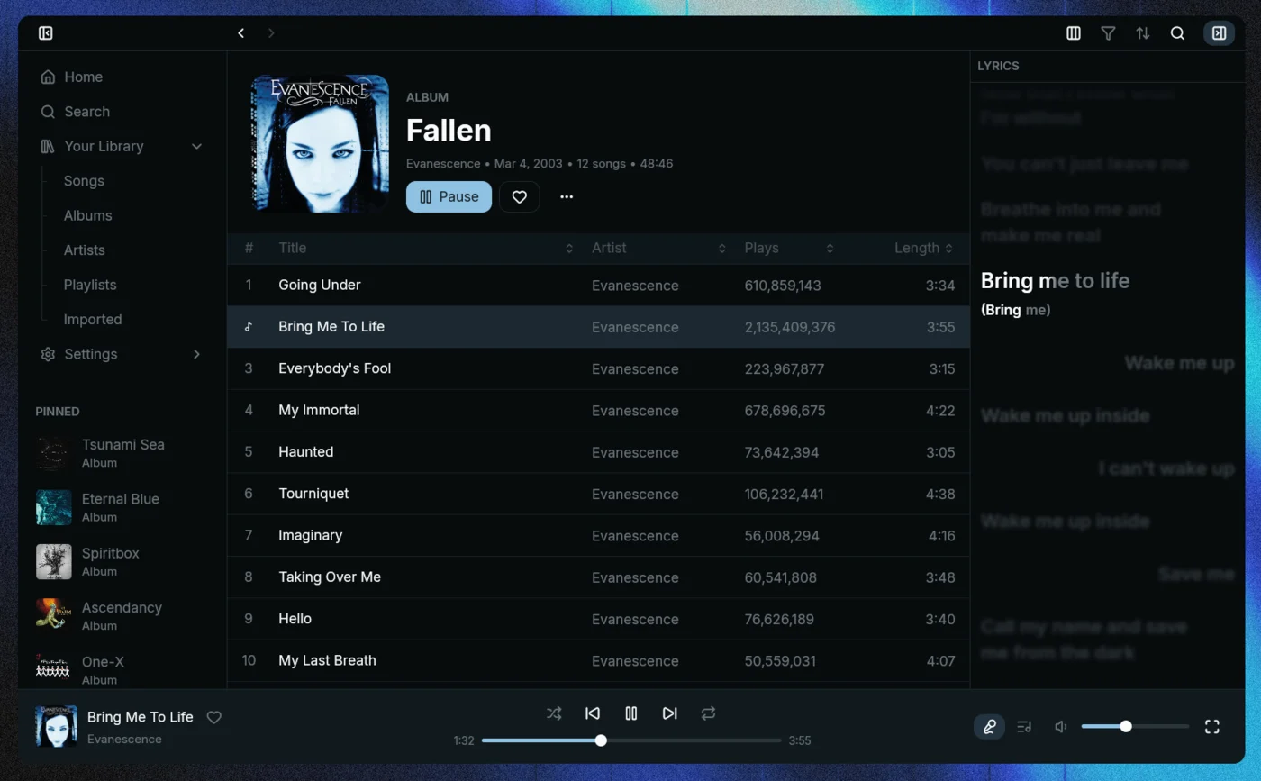 Sonora playing an album with the lyrics panel open